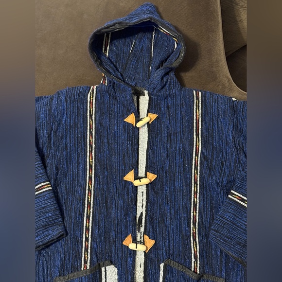 Unisex Navy Blue Striped Moroccan Cashmere Wool Blend Baja Jerga Jacket Hood XL - Picture 2 of 9